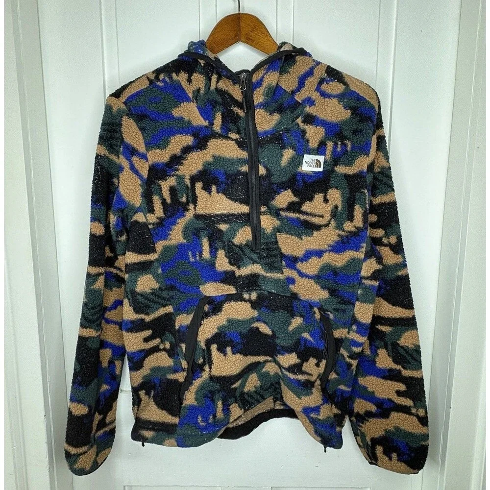 The North Face Campshire Fleece Hoodie Camo Blue Green Sherpa Pullover Jacket L